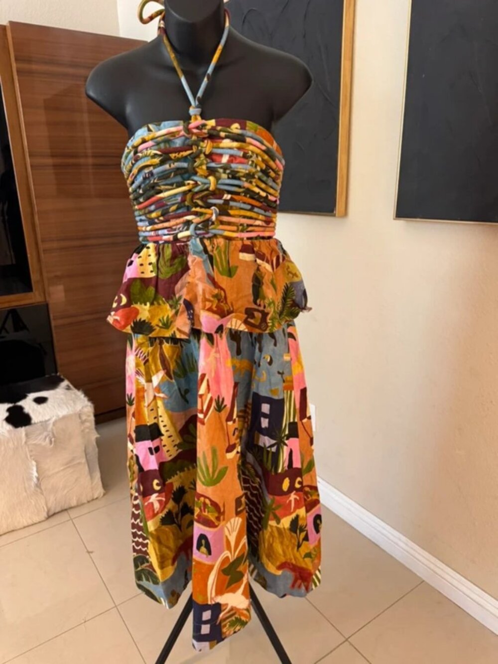Farm Rio Tropical Painting Multicolor Paradise Midi Dress Knotted Halter Peplum